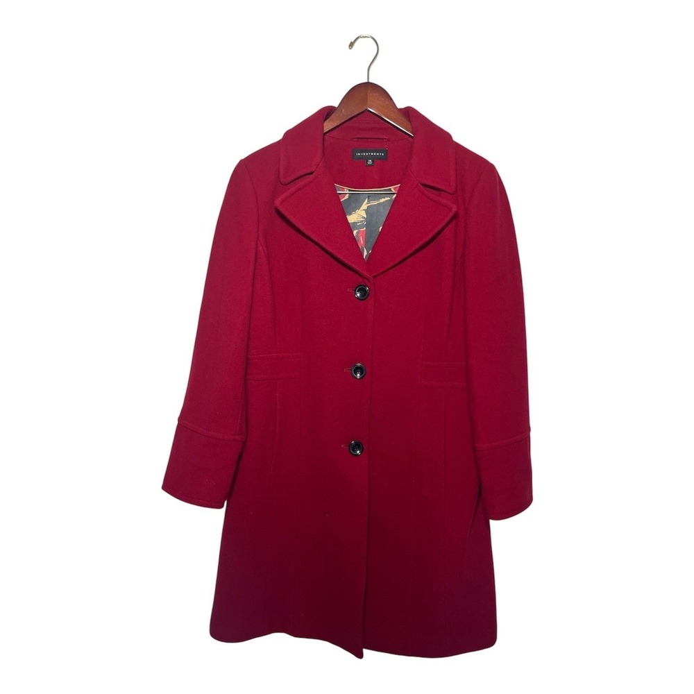Investments Wool Blend Coat Womens 14 Red Floral Lining Button Front Overcoat
